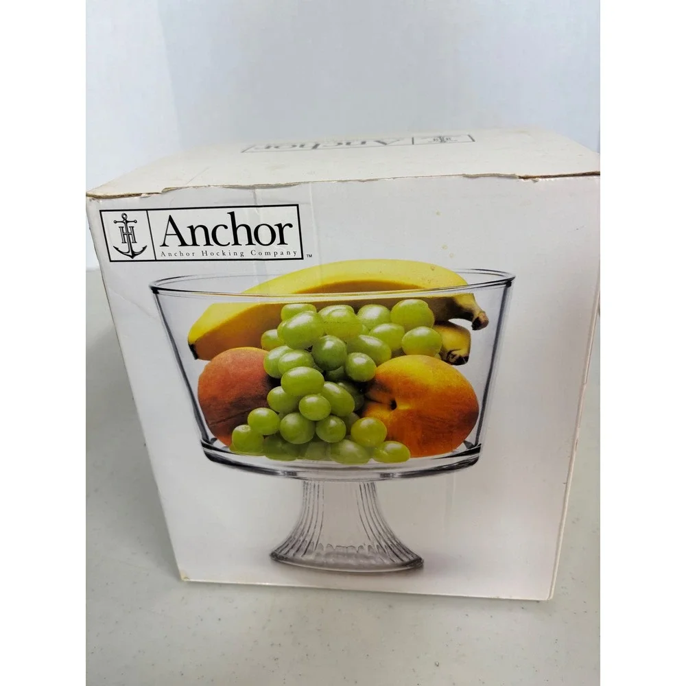 Anchor‎ Hocking 2qt Glass Trifle Bowl Footed Pedestal Clear Ribbed Base